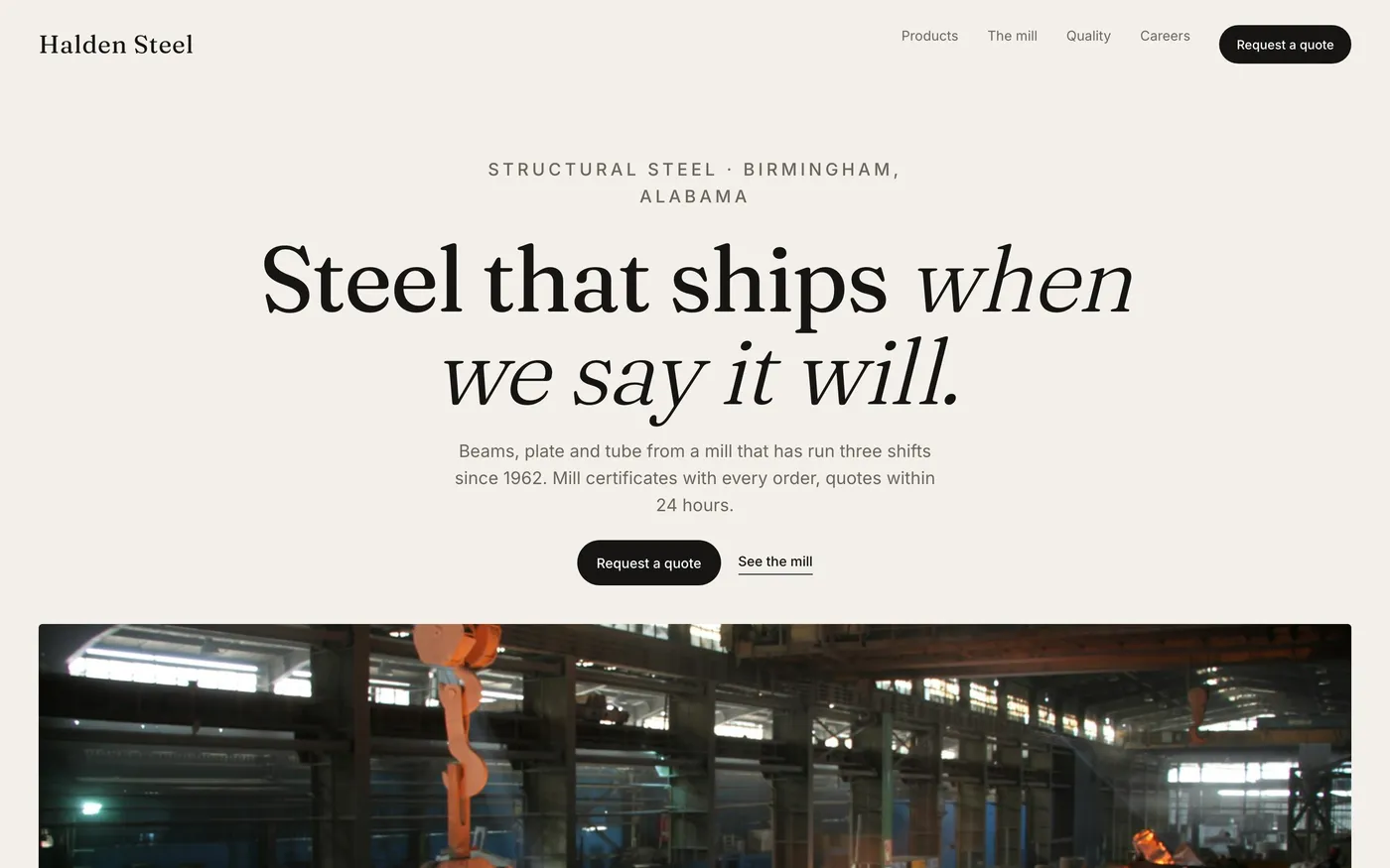 The redesigned Halden Steel home page on desktop, centered serif headline above a full-width photo band, a row of four figures and a numbered product list with thin rules.