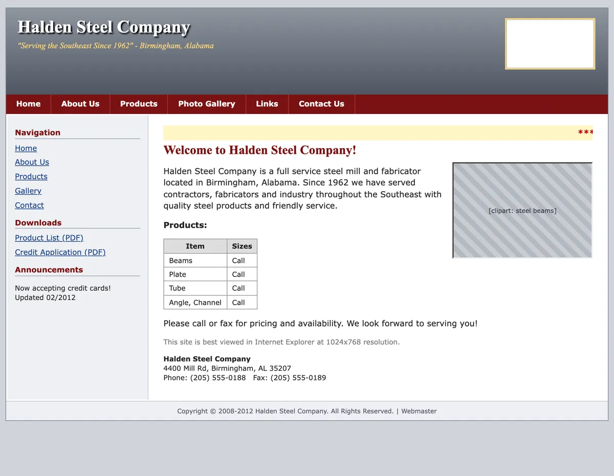 The old Halden Steel site, a 2008 layout with a grey gradient header, dark red navigation bar, left sidebar of PDF links, a scrolling marquee and a product table where every size says "Call".