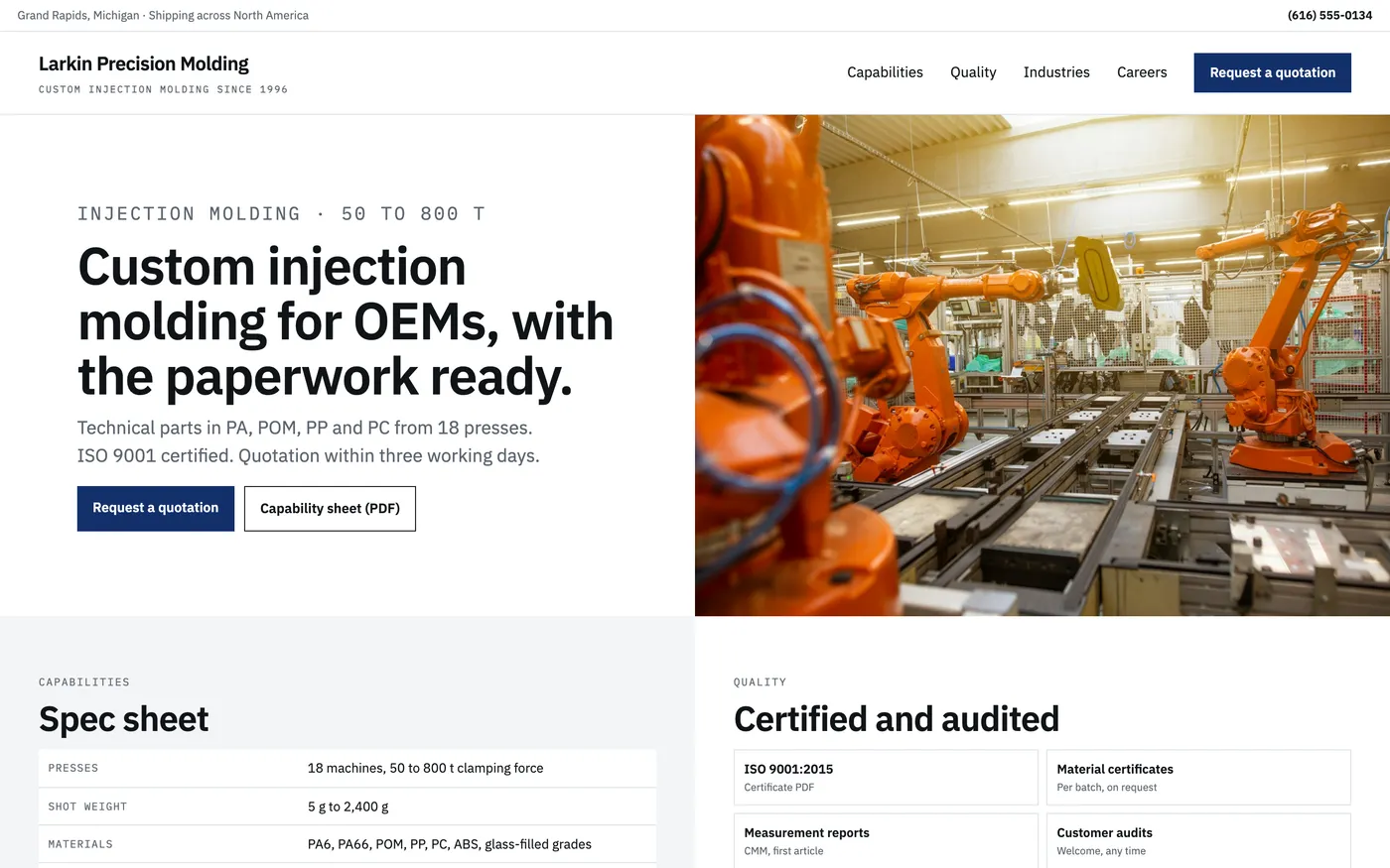 The redesigned Larkin home page on desktop, with the headline beside a press hall photo placeholder, a capabilities spec table and a certifications grid side by side.