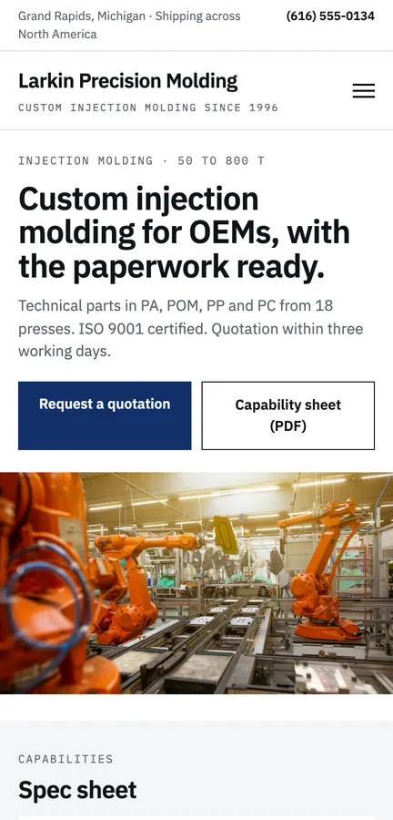 The redesigned Larkin home page on a phone, light and technical, with a headline about custom injection molding for North American OEMs, a capabilities spec table and a quotation request.