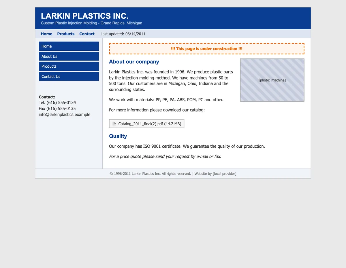 The old Larkin site, a narrow 2011 layout with a blue header, a left menu, an "under construction" notice, a placeholder photo and a link to a 14 MB PDF catalogue.