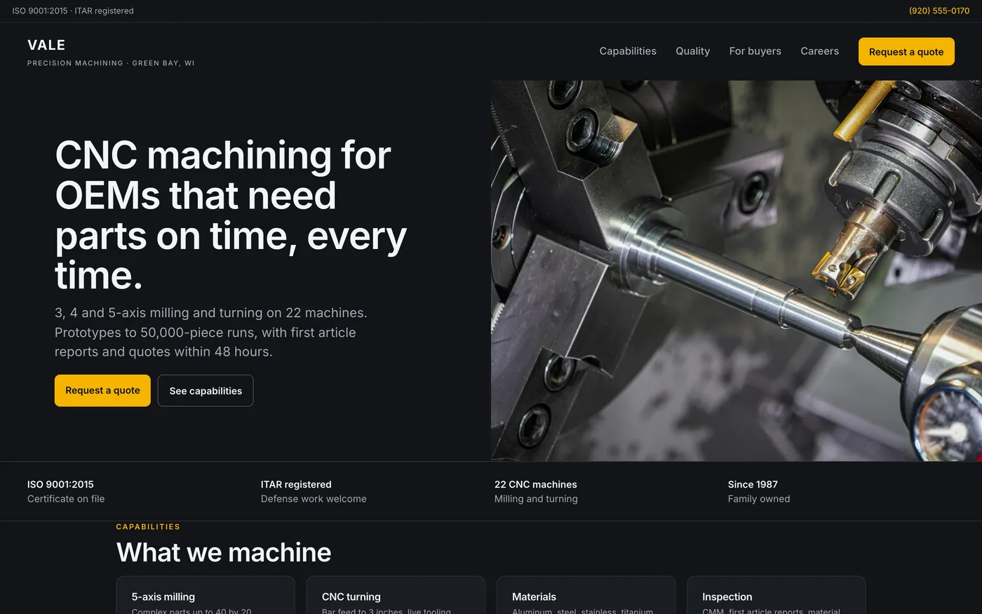 The redesigned Vale home page on desktop, with the headline beside a photo placeholder, a four-item trust strip and a four-column capabilities row.