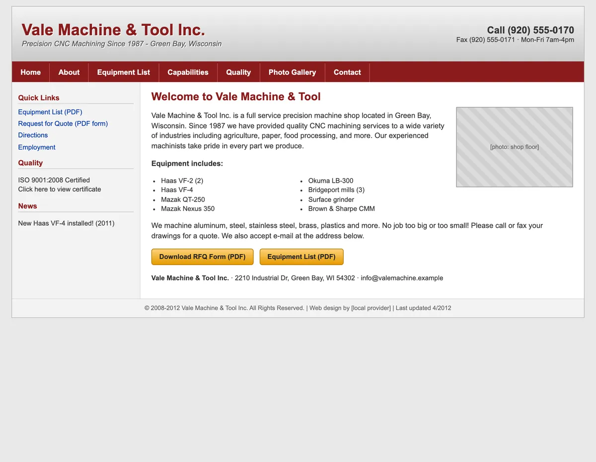 The old Vale site, a 2008 layout with a grey gradient header, dark red navigation bar, left sidebar of PDF links, a placeholder photo and a two-column equipment list.